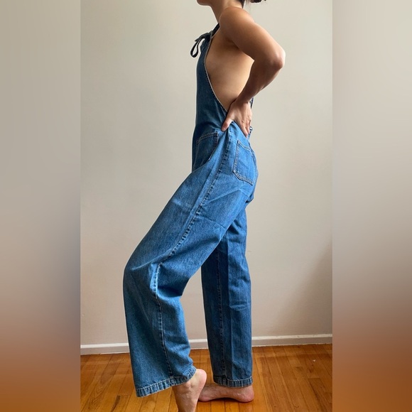 Vintage 90s y2k overalls denim jean straight leg square neck utility cargo small - Picture 4 of 16